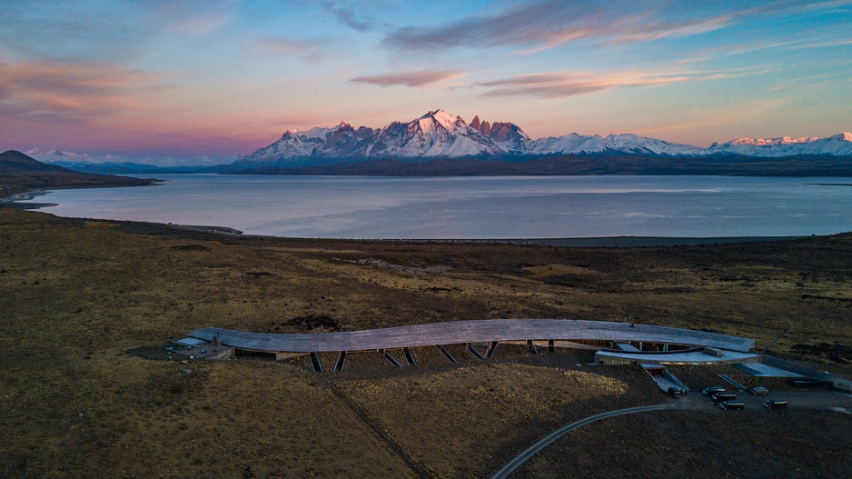 Tierra Patagonia Aerial with Mountains in the Background