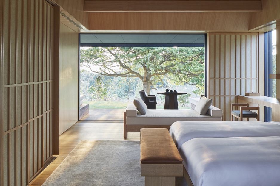 Amanemu Mori suite bedroom with nature view