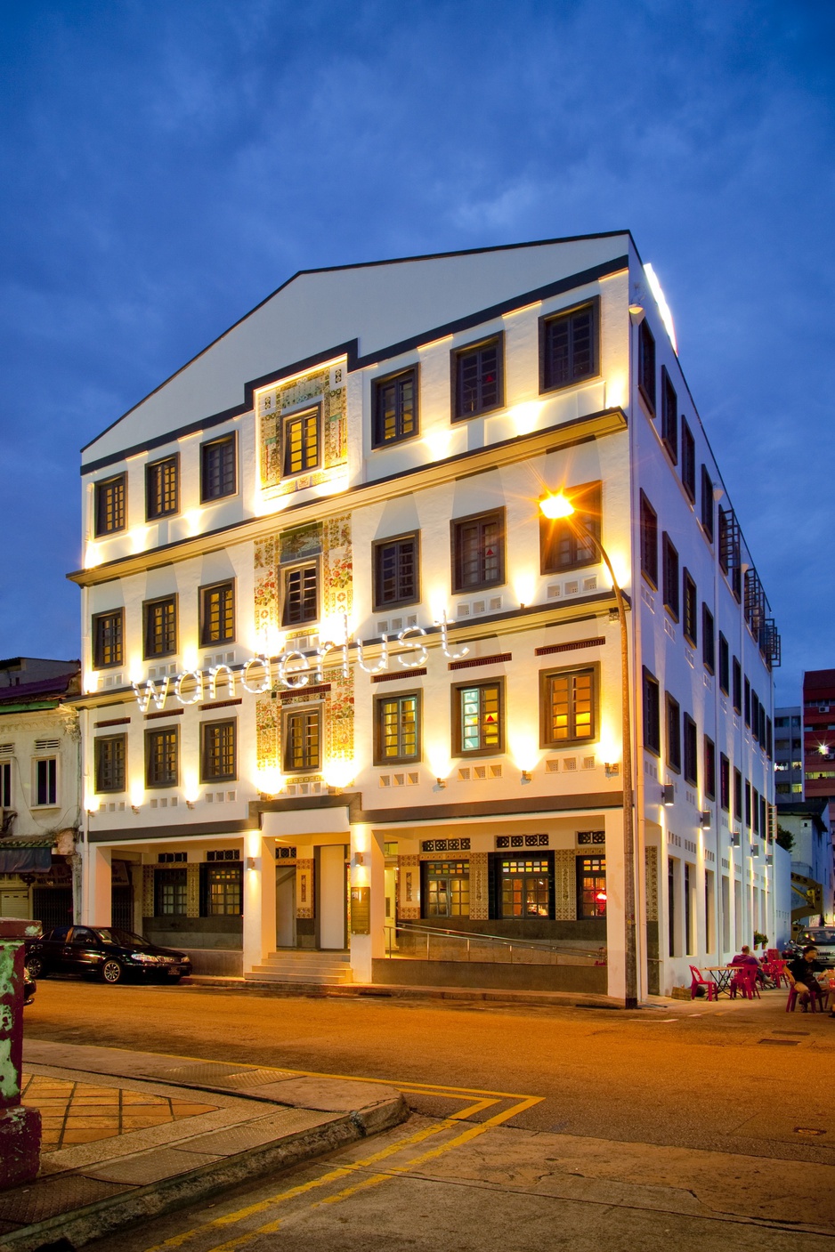 Wanderlust Hotel facade at night