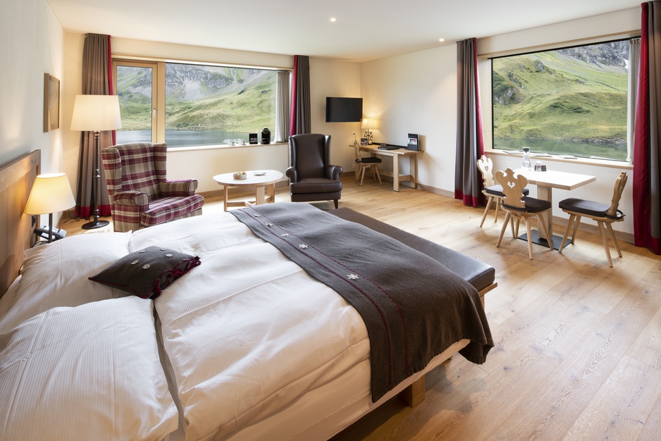 Frutt Family Lodge room with panoramic Alpine view