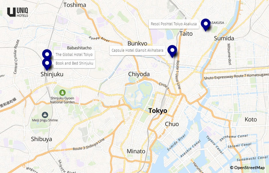 Tokyo Capsule Hotels for Couples on the Map