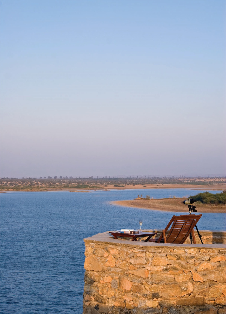 Chhatra Sagar terrace chair with lake panorama