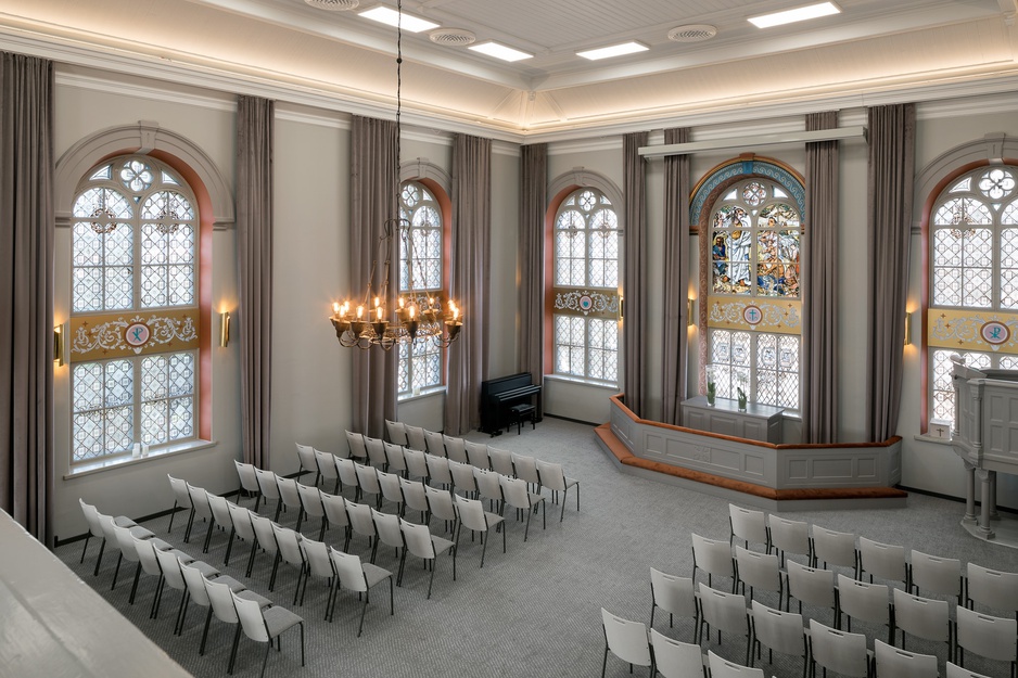 Hotel Kakola Church with altar pulpit and hand-painted windows