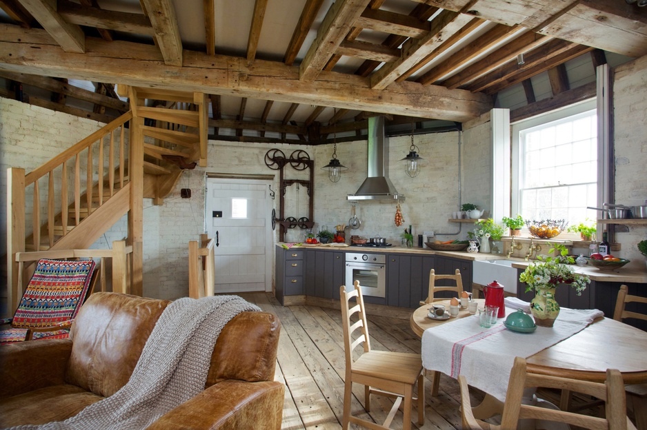 Old Smock Mill kitchen and wooden stairs