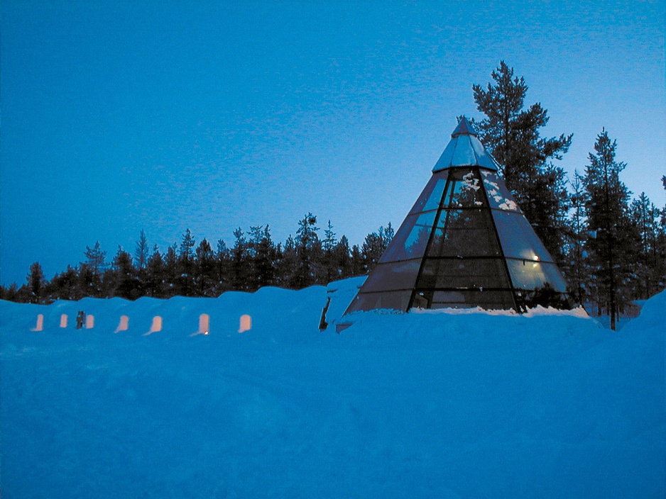 Glass igloo with snow