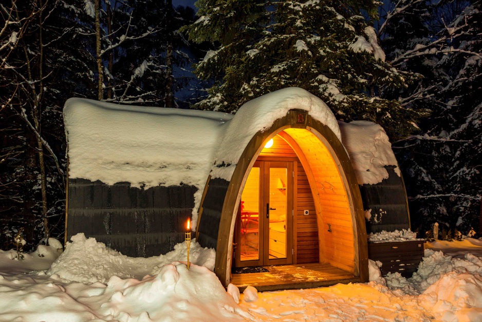 PODhouse exterior in the night