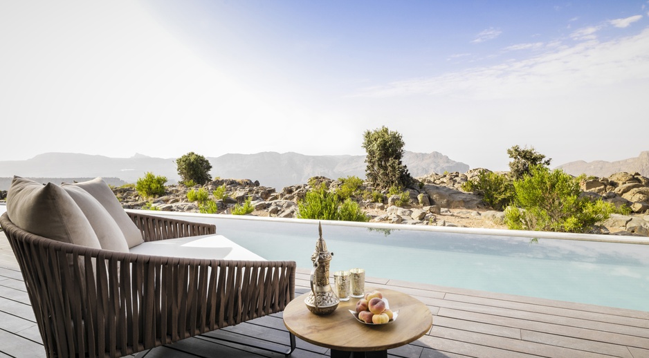 Anantara Al Jabal Al Akhdar Resort private pool on the terrace with canyon panorama