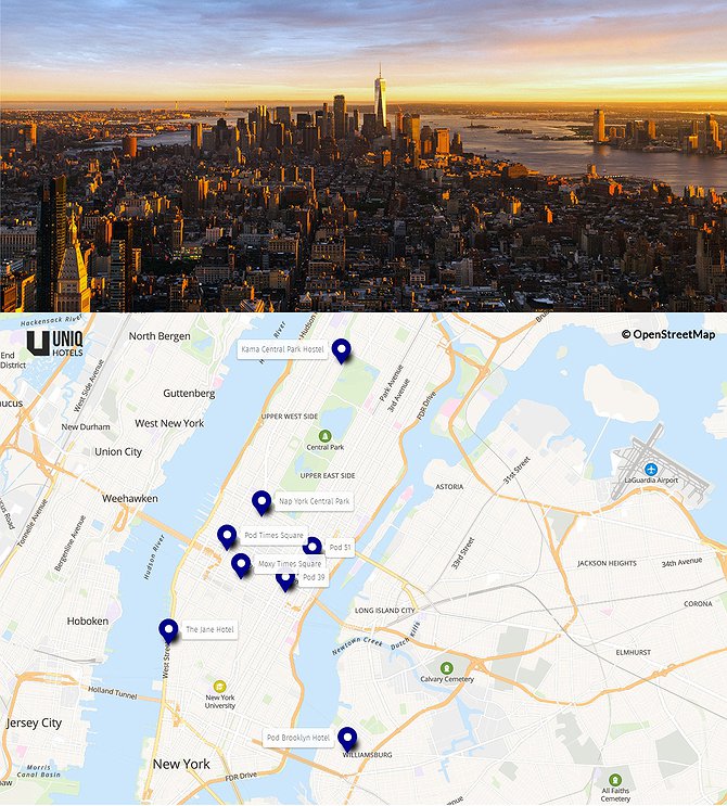 Capsule hotels in New York on a map