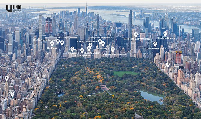 Central Park View Hotels Aerial Photo Overview with Location Pointers