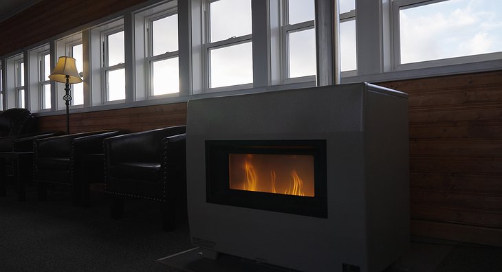 Tundra Buggy Lodge Lounge Fireplace