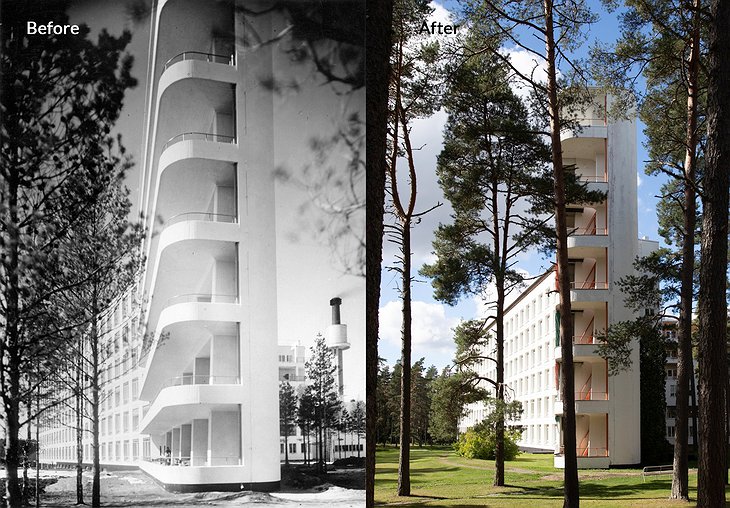 Paimio Sanatorium Before & After Photo. 1930s and Today.